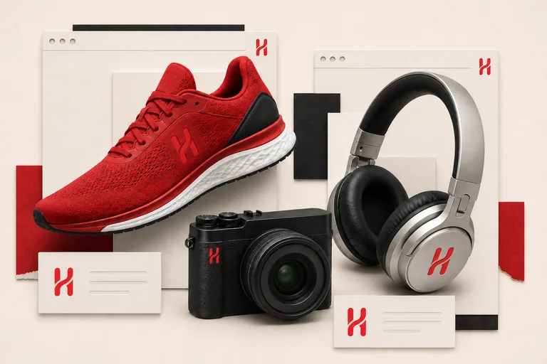 Product pages for a shoe, camera, and headphones arranged as structured records