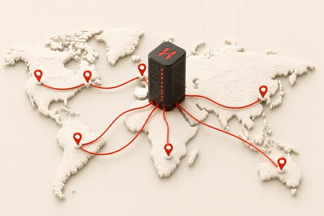 Global routing network connecting locations through a central proxy hub
