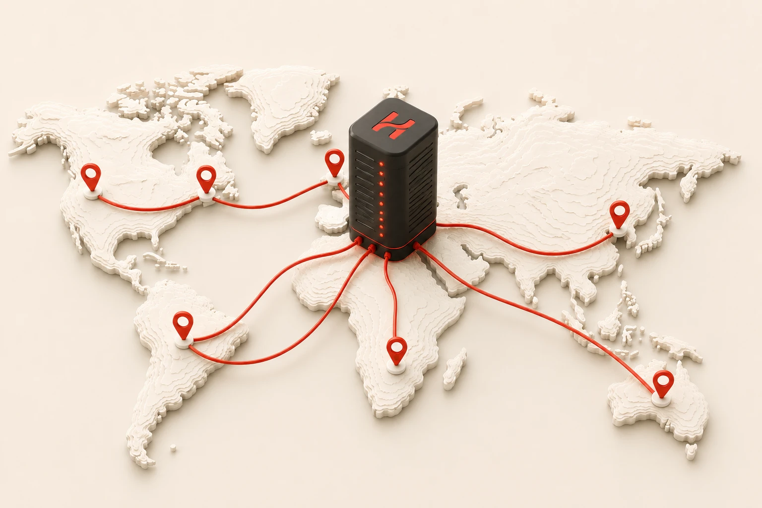Global routing network connecting locations through a central proxy hub